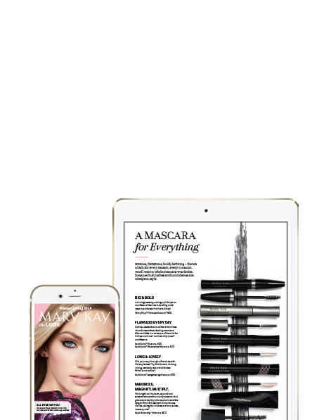 Cover of The Look from Mary Kay placed within a smartphone screen next to a mascara spread from The Look placed within a tablet screen on a white background.
