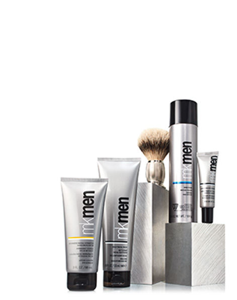 MKMen regimen from Mary Kay styled on blocks against a white background.