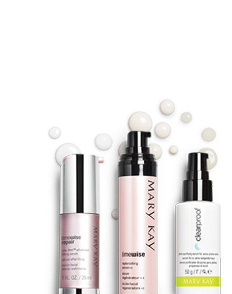 TimeWise Repair Volu-Firm Advanced Lifting Serum, Clear Proof Pore-Purifying Serum for Acne-Prone Skin and TimeWise Tone Correcting Serum staggered next to their respective product droplets.