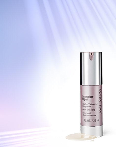 The new TimeWise Repair Volu-Firm Advanced Lifting Serum from Mary Kay is shown in front of a purple background streaked with light.