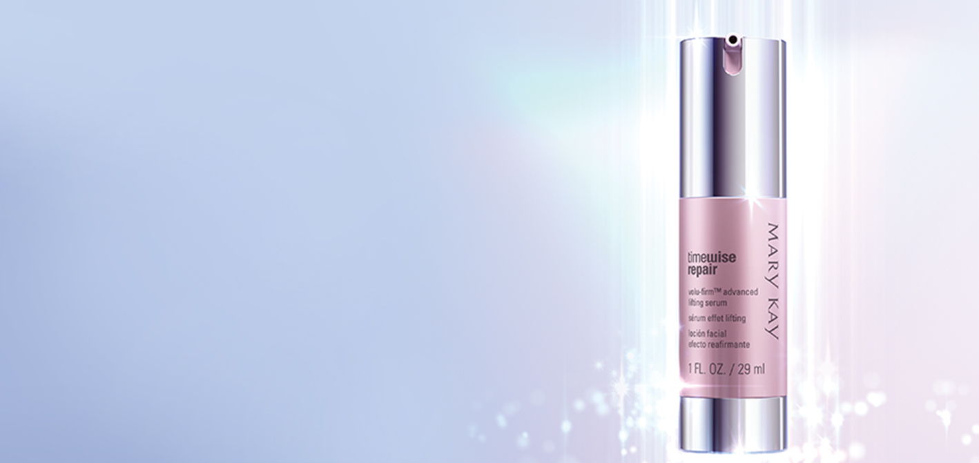 A beam of light illuminates the packaging of the new Mary Kay TimeWise Repair Volu-Firm Advanced Lifting Serum. 