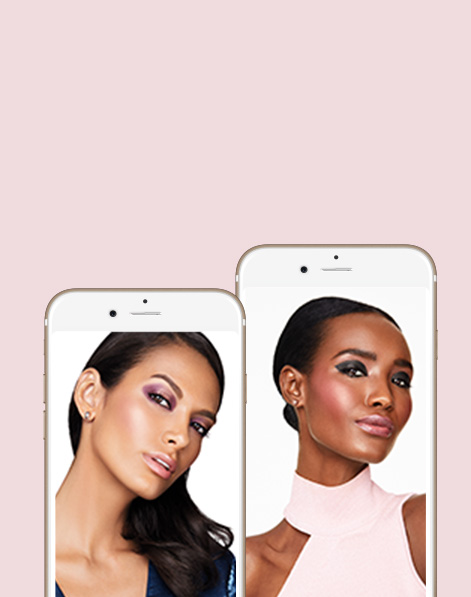 Models wearing The Runway Your Way and Fiercely Feminine makeup artist looks from Mary Kay placed within two different smartphone screens against a pink background. 