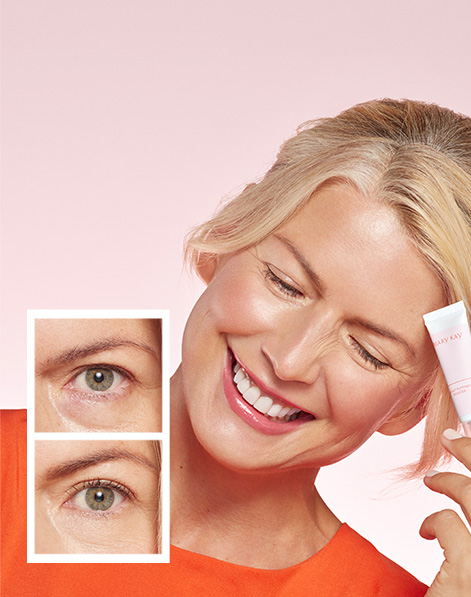 A smiling model holds a tube of Instant Puffiness Reducer; stacked before and after images of eyes against a light pink background.