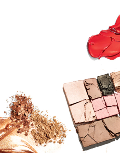 Product rubs of Mary Kay Chromafusion Eye Shadow, NouriShine Plus Lip Gloss and Mary Kay Gel Semi-Matte Lipstick styled against a white background.