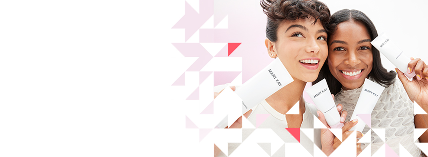 Two joyful models holding Mary Kay skin care products