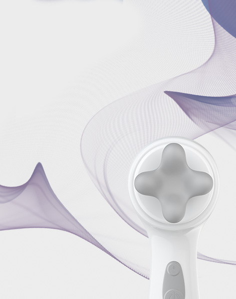 Mary Kay Skinvigorate Sonic Skin Care System with Facial Massage Head attached and Cleaning Brush Head next to it surrounded by blue, purple and gray graphic swirl treatment illustrating sonic technology