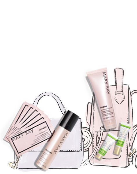 Mary Kay products styled over handbag and backpack illustrations.