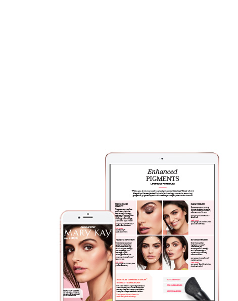 The cover of The Look from Mary Kay featured on a smartphone styled next to a tablet displaying an article.