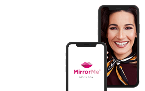Mirror Me logo on a smartphone screen and Mary Kay makeup artist look on another smartphone screen.