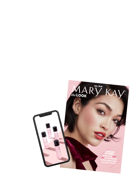 Cover of The Look from Mary Kay next to a smartphone showing interior page from catalog.