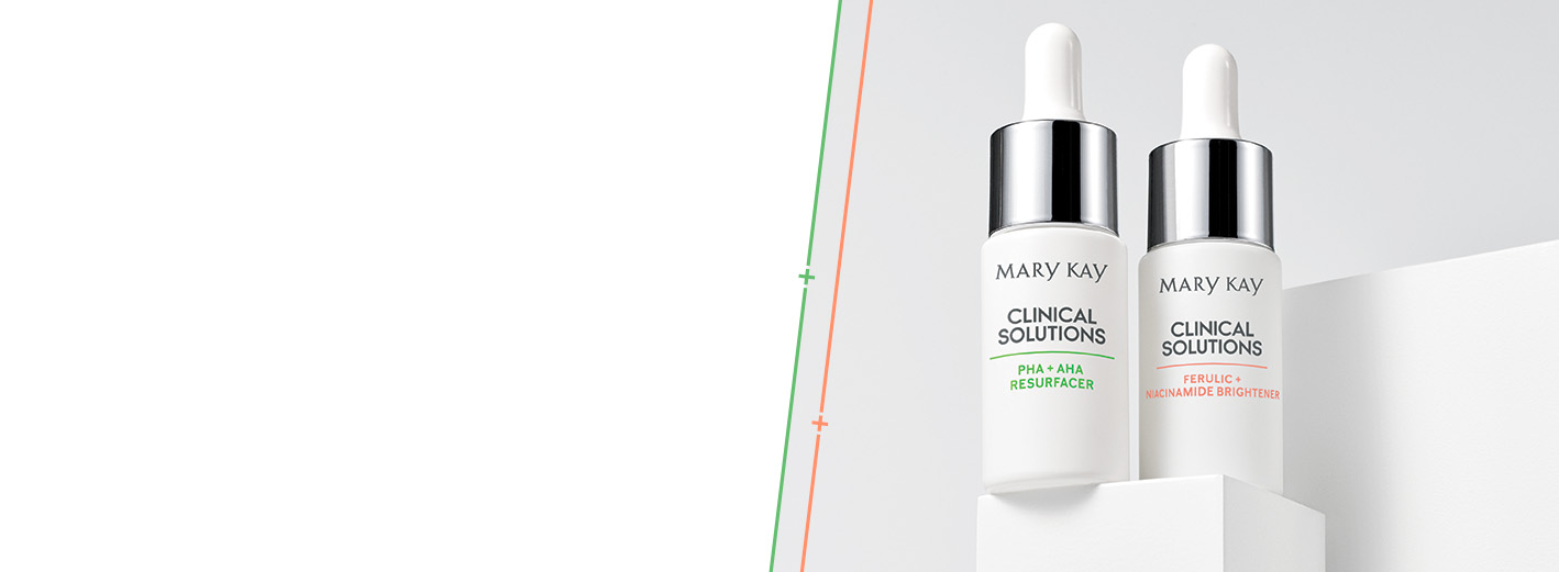 Two Mary Kay Clinical Solutions Boosters standing on a white block with green and orange diagonal lines