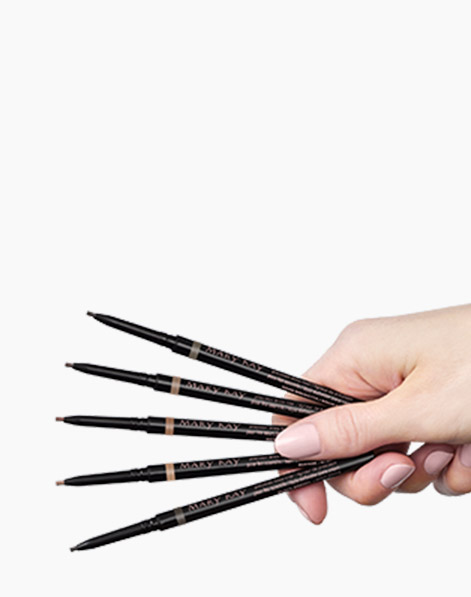 Close up of hand holding five Mary Kay Precision Brow Liners.