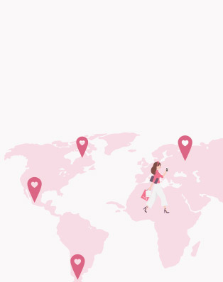 Illustration of Mary Kay Independent Beauty Consultant walking across a world map. 