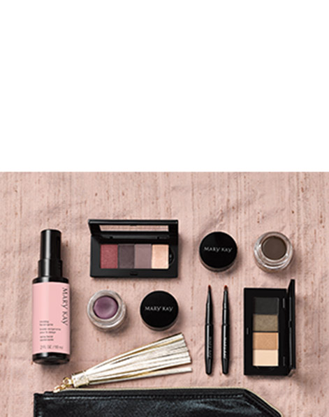 Products included in the Limited-Edition Mary Kay Romance Revival and Opulent Golds looks styled against a blush background.