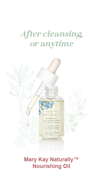 Mary Kay Naturally Nourishing Oil pictured dropper atop bottle dripping oil and light green illustrations of a sesame oil plant, olive oil plant and almonds