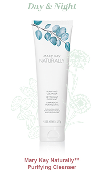 Mary Kay Naturally Purifying Cleanser pictured with light green illustrations of cornflowers and almonds