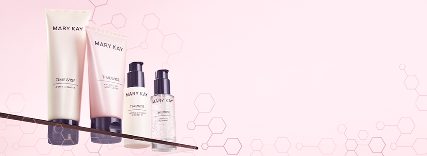 TimeWise Miracle Set sitting on a glass shelf surrounded by a hexagon pattern and a light pink background