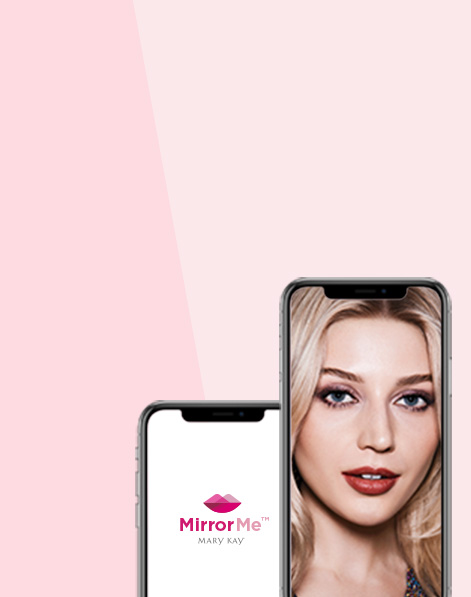 Mary Kay MirrorMe loading page and Bold New Year makeup artist look placed within smartphone screens