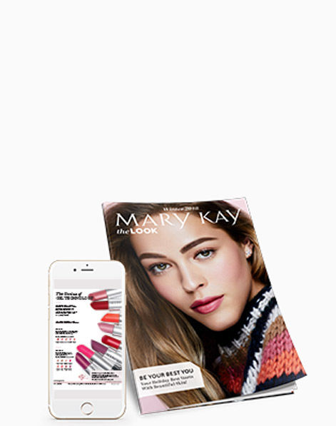 Lip product article positioned within smartphone screen next to latest cover of The Look from Mary Kay.
