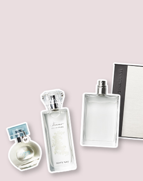 Bottles of Mary Kay fragrances Thinking of You Eau de Parfum, Forever Diamonds Eau de Parfum and True Original Cologne Spray outlined in white styled together against a light pink background.