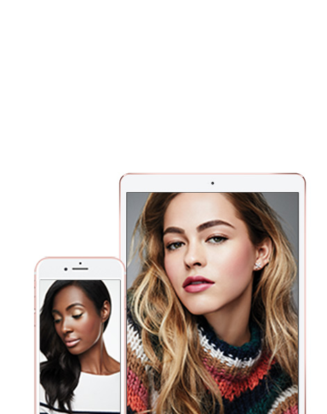 Two models each wearing makeup artist looks from Mary Kay are positioned within a smartphone and a tablet against a white background.