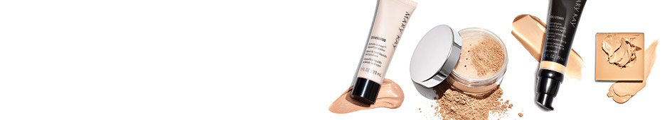 Mary Kay foundation products are shown, each with a corresponding product swatch.
