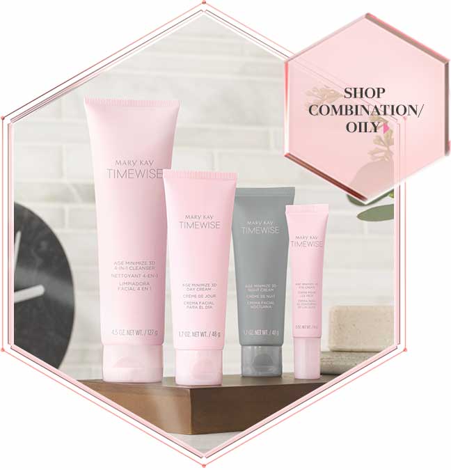 Four products are shown in pink and grey tubes, making up Mary Kay’s new TimeWise Miracle Set 3D skin care regimen for combination to oily skin.