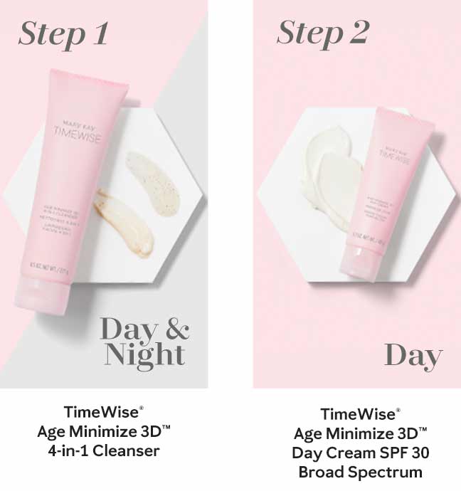 The first step in Mary Kay’s new TimeWise Miracle Set 3D skin care regimen, the TimeWise Age Minimize 3D 4-in-1 Cleanser, is shown in a pink tube. The second daytime step in Mary Kay’s new TimeWise Miracle Set 3D skin care regimen, the TimeWise Age Minimize 3D Day Cream SPF 30, is shown in a pink tube.