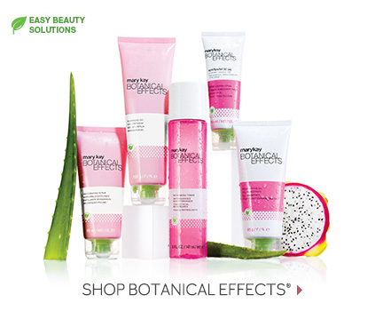 The Botanical Effects skin care regimen from Mary Kay, which includes the Invigorating Scrub, Cleansing Gel, Refreshing Toner, Moisturizing Lotion SPF 30 Sunscreen and Moisturizing Gel, is shown next to dragonfruit and other key ingredients.