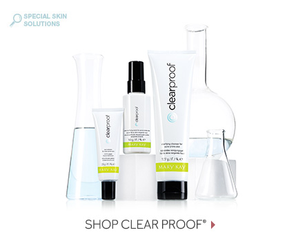 Mary Kay’s Clear Proof skin care regimen is shown, including the Clarifying Cleanser, the Pore-Purifying Serum and the Spot Solution. 