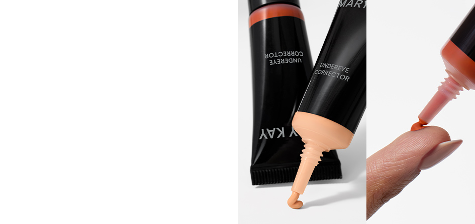 The bottle shows off the needle nose applicator being squeezed on a white surface as well as on a finger in th two shades, light peach and deep peach.